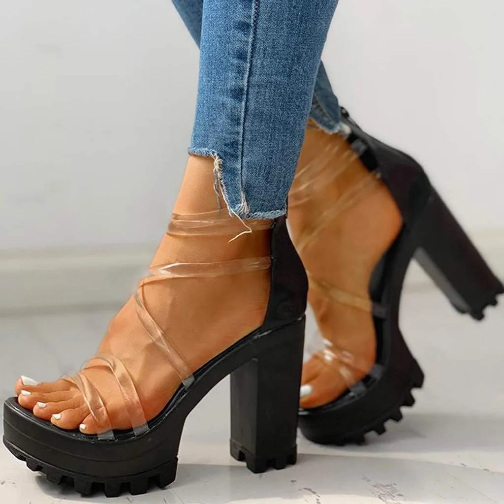 Aniywn Women's Chunky Heel Platform High Heels Shoes Sandals Clear Strappy Open Peep Toe Sandal