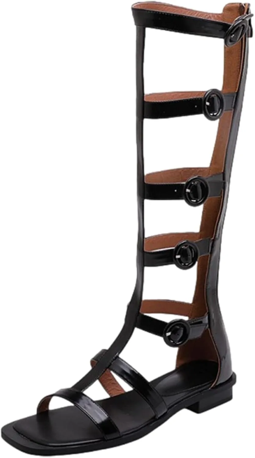 ANUFER Women's Open Toe Adjustable Strappy Sandals Knee High Gladiator Roman Sandals Boots with Zipper