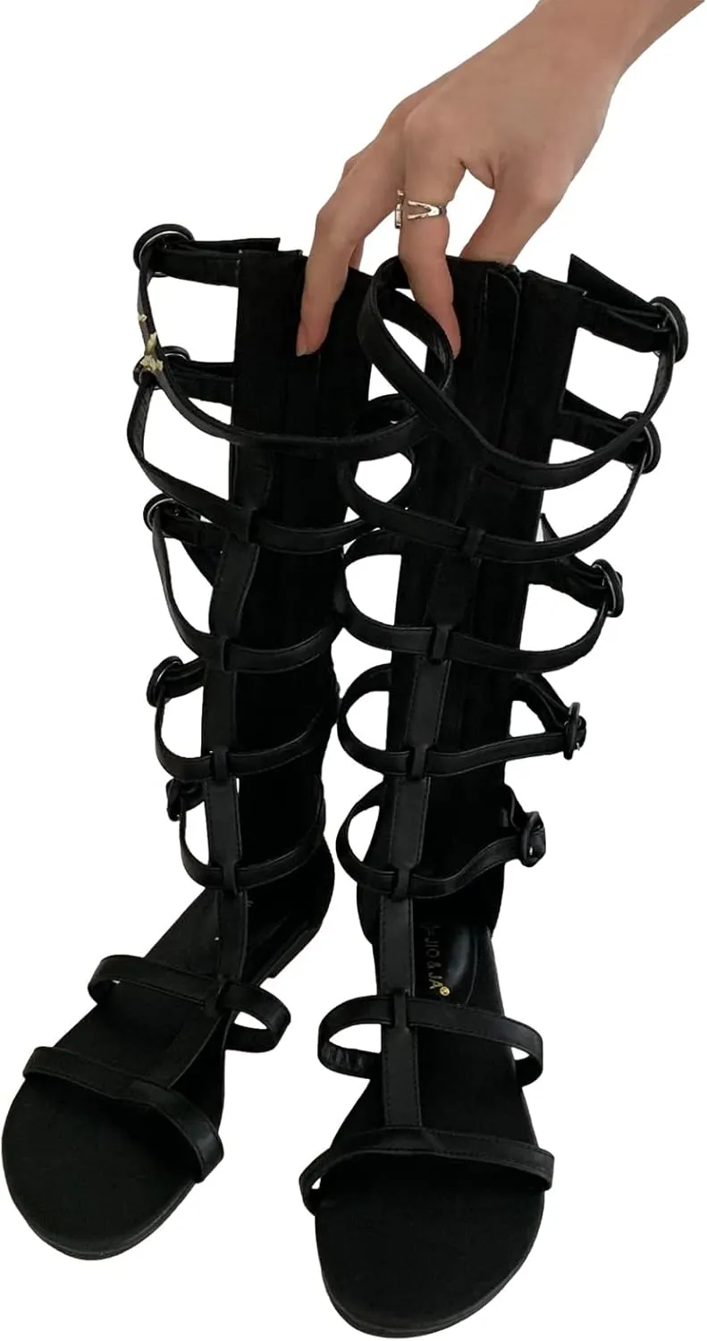 ANUFER Women's Open Toe Adjustable Strappy Sandals Knee High Gladiator Roman Sandals Boots with Zipper