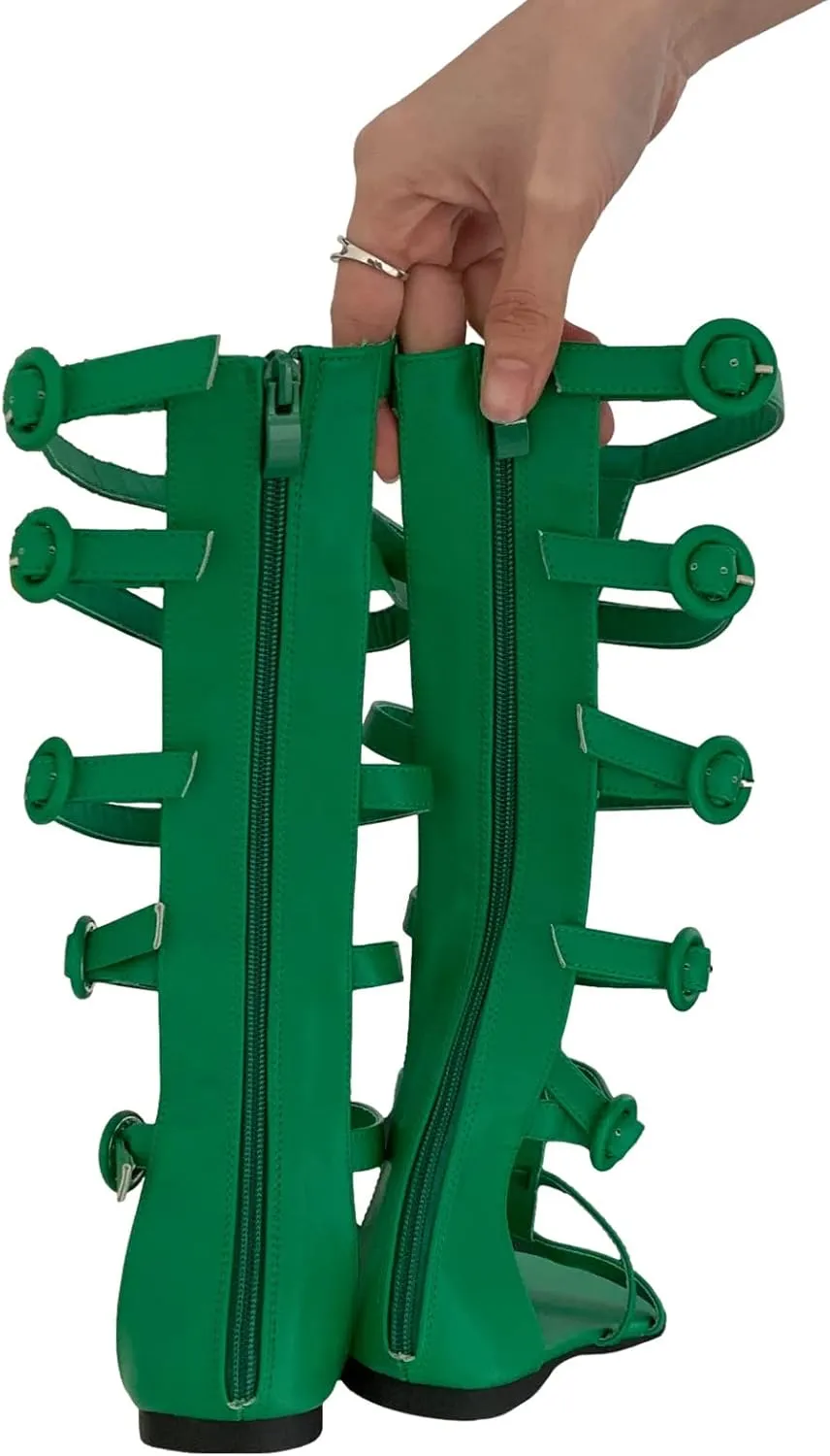 ANUFER Women's Open Toe Adjustable Strappy Sandals Knee High Gladiator Roman Sandals Boots with Zipper