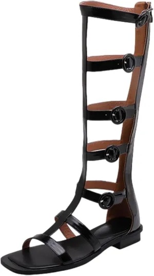 ANUFER Women's Open Toe Adjustable Strappy Sandals Knee High Gladiator Roman Sandals Boots with Zipper