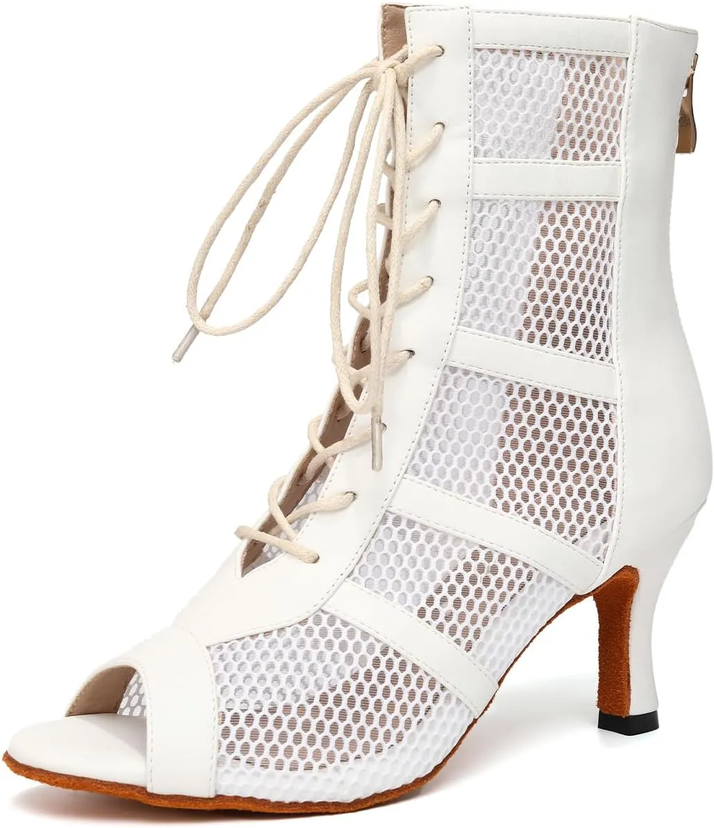AOQUNFS Latin Salsa Dance Shoes Lace-up Open Toe Ballroom Dance Heel Boots Women