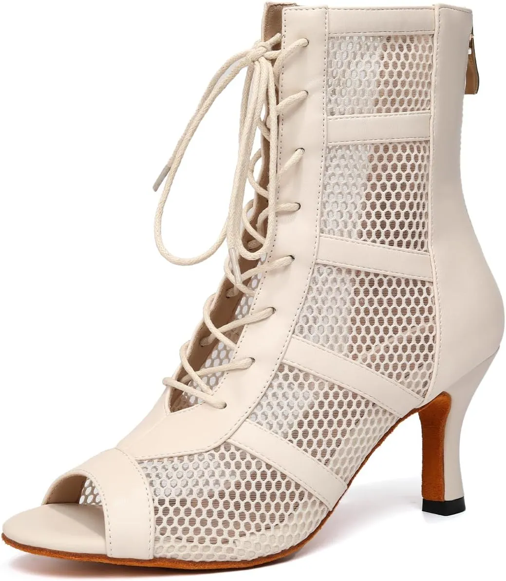 AOQUNFS Latin Salsa Dance Shoes Lace-up Open Toe Ballroom Dance Heel Boots Women