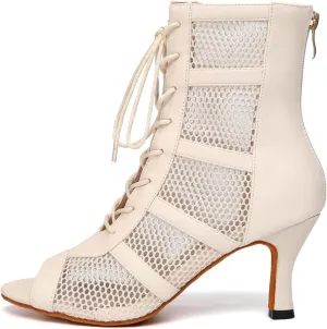 AOQUNFS Latin Salsa Dance Shoes Lace-up Open Toe Ballroom Dance Heel Boots Women