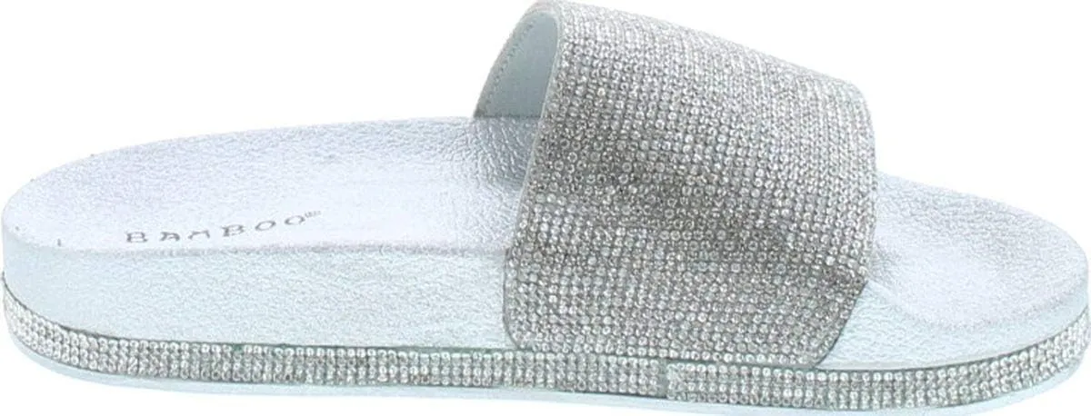 BAMBOO Womens Dazzling-01S Open Toe Jeweled Rhinostone Slide Flip Flops Flat Sandal Slippers