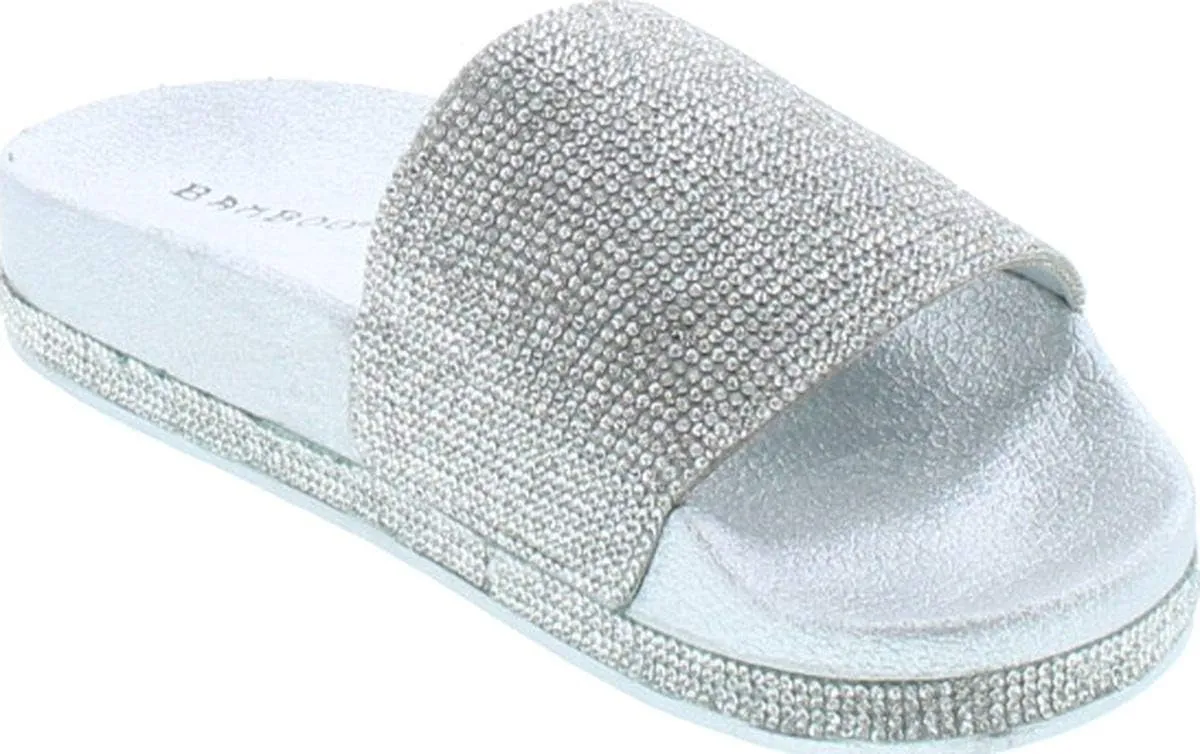 BAMBOO Womens Dazzling-01S Open Toe Jeweled Rhinostone Slide Flip Flops Flat Sandal Slippers