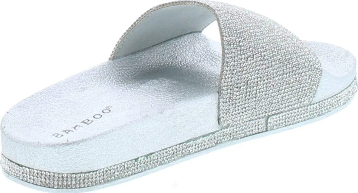BAMBOO Womens Dazzling-01S Open Toe Jeweled Rhinostone Slide Flip Flops Flat Sandal Slippers