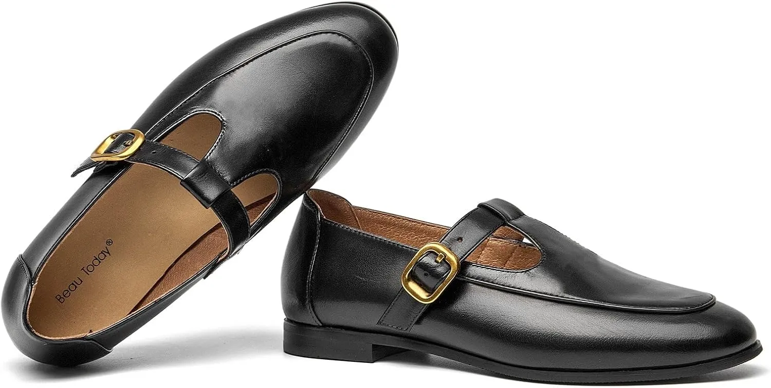 BEAU TODAY T Strap Shoes for Women, Mary Jane Flats, Leather Loafers Round Toe Lolita Fashion Womens Slip On Shoes