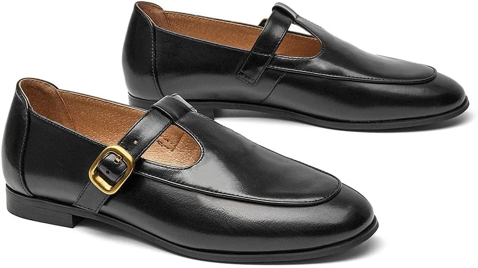 BEAU TODAY T Strap Shoes for Women, Mary Jane Flats, Leather Loafers Round Toe Lolita Fashion Womens Slip On Shoes