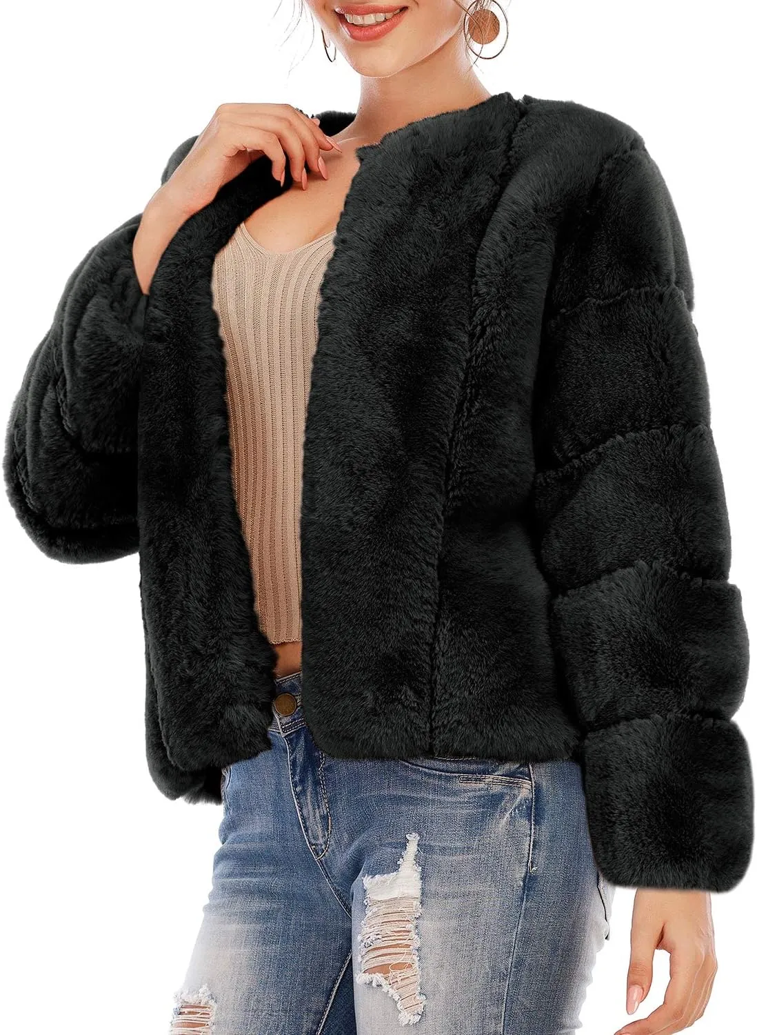 BerryGo Women's Long Sleeve Open Front Fuzzy Faux Fur Coat
