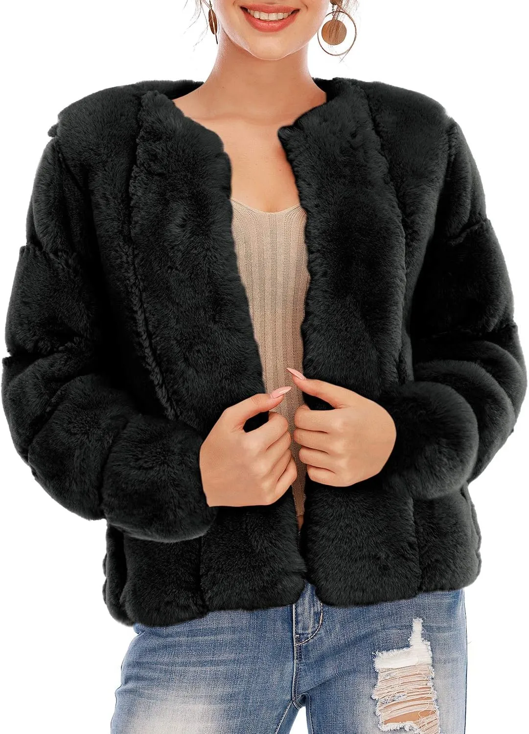 BerryGo Women's Long Sleeve Open Front Fuzzy Faux Fur Coat