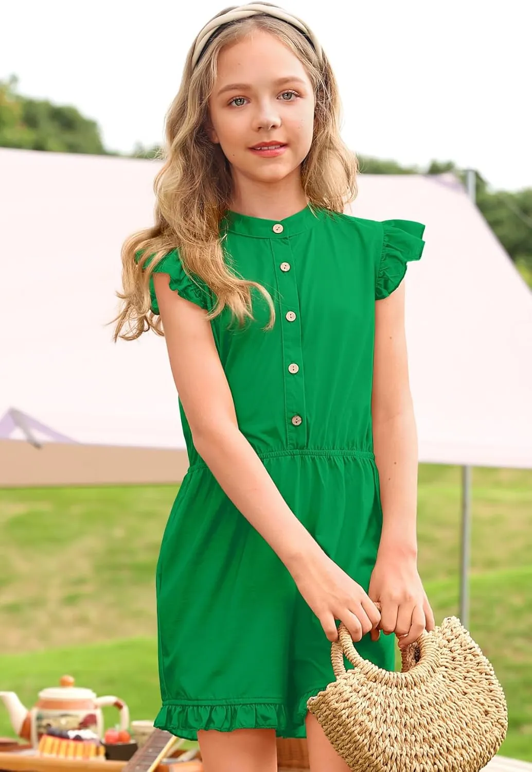 BesserBay Girl's Summer Ruffled Flutter-Sleeve Jumpsuit Button Down Crewneck Romper 5-14 Years