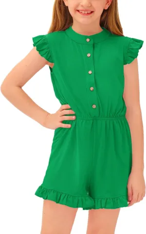 BesserBay Girl's Summer Ruffled Flutter-Sleeve Jumpsuit Button Down Crewneck Romper 5-14 Years