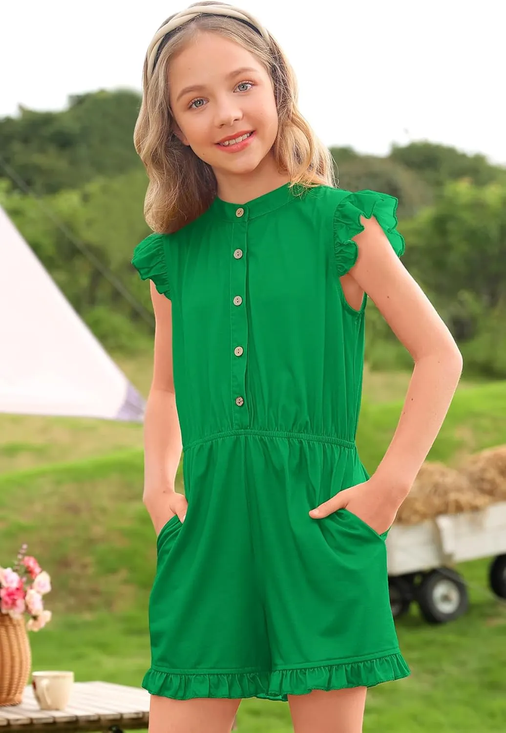 BesserBay Girl's Summer Ruffled Flutter-Sleeve Jumpsuit Button Down Crewneck Romper 5-14 Years