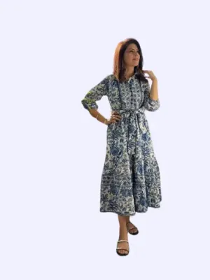 Bohemian Hand Printed Midi Dress - 100% Cotton Floral Summer Dress with Pockets and Belt | Mother's Day Gift
