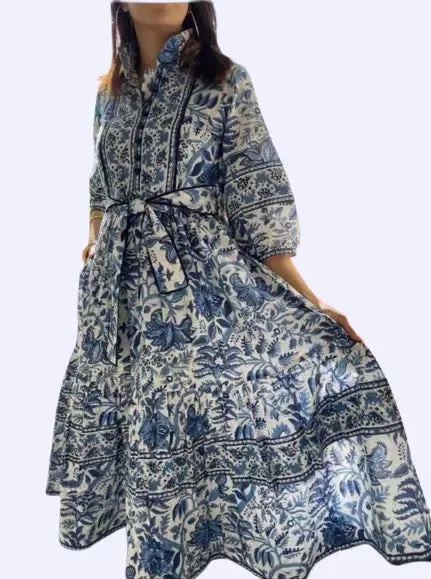 Bohemian Hand Printed Midi Dress - 100% Cotton Floral Summer Dress with Pockets and Belt | Mother's Day Gift