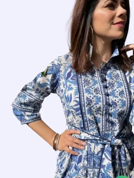 Bohemian Hand Printed Midi Dress - 100% Cotton Floral Summer Dress with Pockets and Belt | Mother's Day Gift