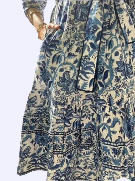 Bohemian Hand Printed Midi Dress - 100% Cotton Floral Summer Dress with Pockets and Belt | Mother's Day Gift