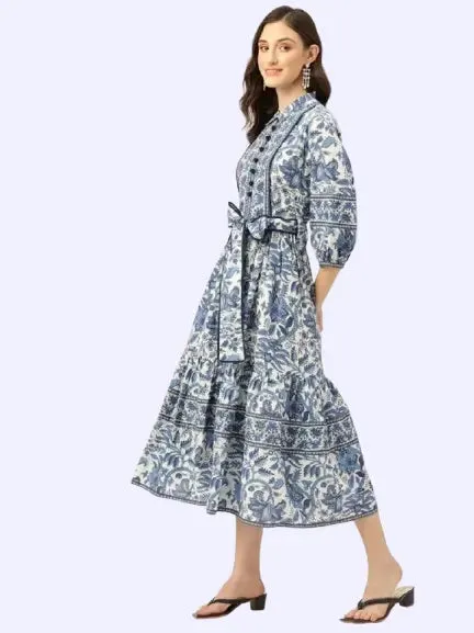 Bohemian Hand Printed Midi Dress - 100% Cotton Floral Summer Dress with Pockets and Belt | Mother's Day Gift