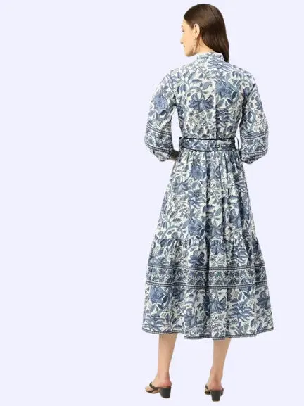 Bohemian Hand Printed Midi Dress - 100% Cotton Floral Summer Dress with Pockets and Belt | Mother's Day Gift