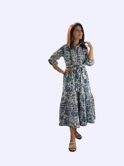 Bohemian Hand Printed Midi Dress - 100% Cotton Floral Summer Dress with Pockets and Belt | Mother's Day Gift