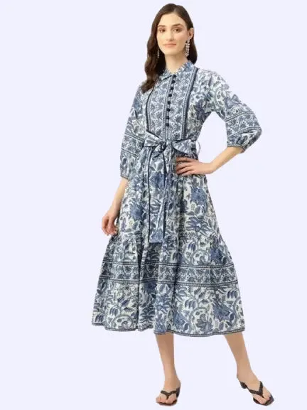 Bohemian Hand Printed Midi Dress - 100% Cotton Floral Summer Dress with Pockets and Belt | Mother's Day Gift