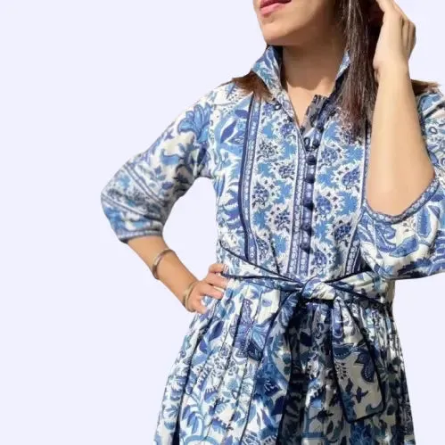 Bohemian Hand Printed Midi Dress - 100% Cotton Floral Summer Dress with Pockets and Belt | Mother's Day Gift
