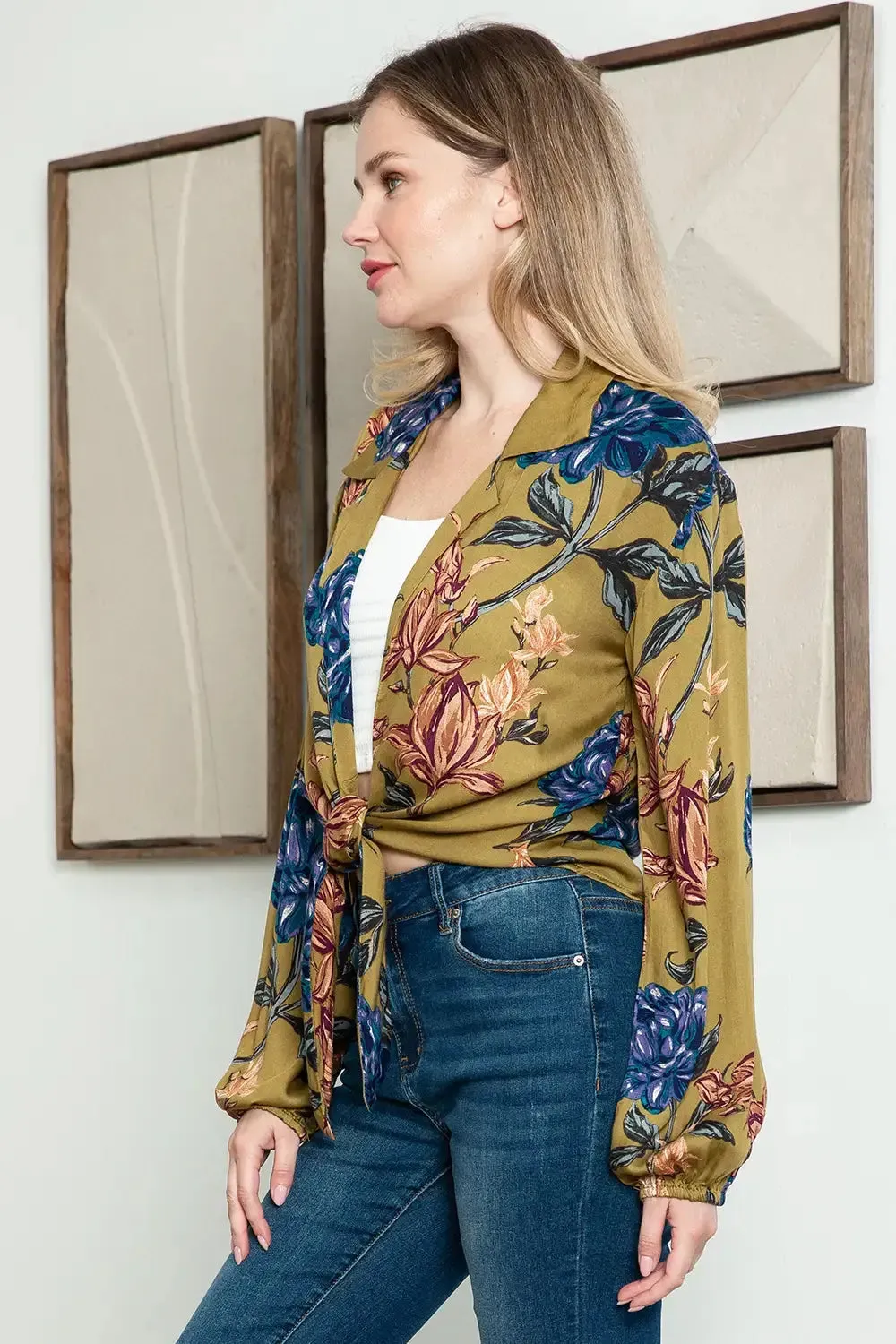 Boho Floral Collared Open Front Tie Balloon 3/4 Sleeve Summer Top