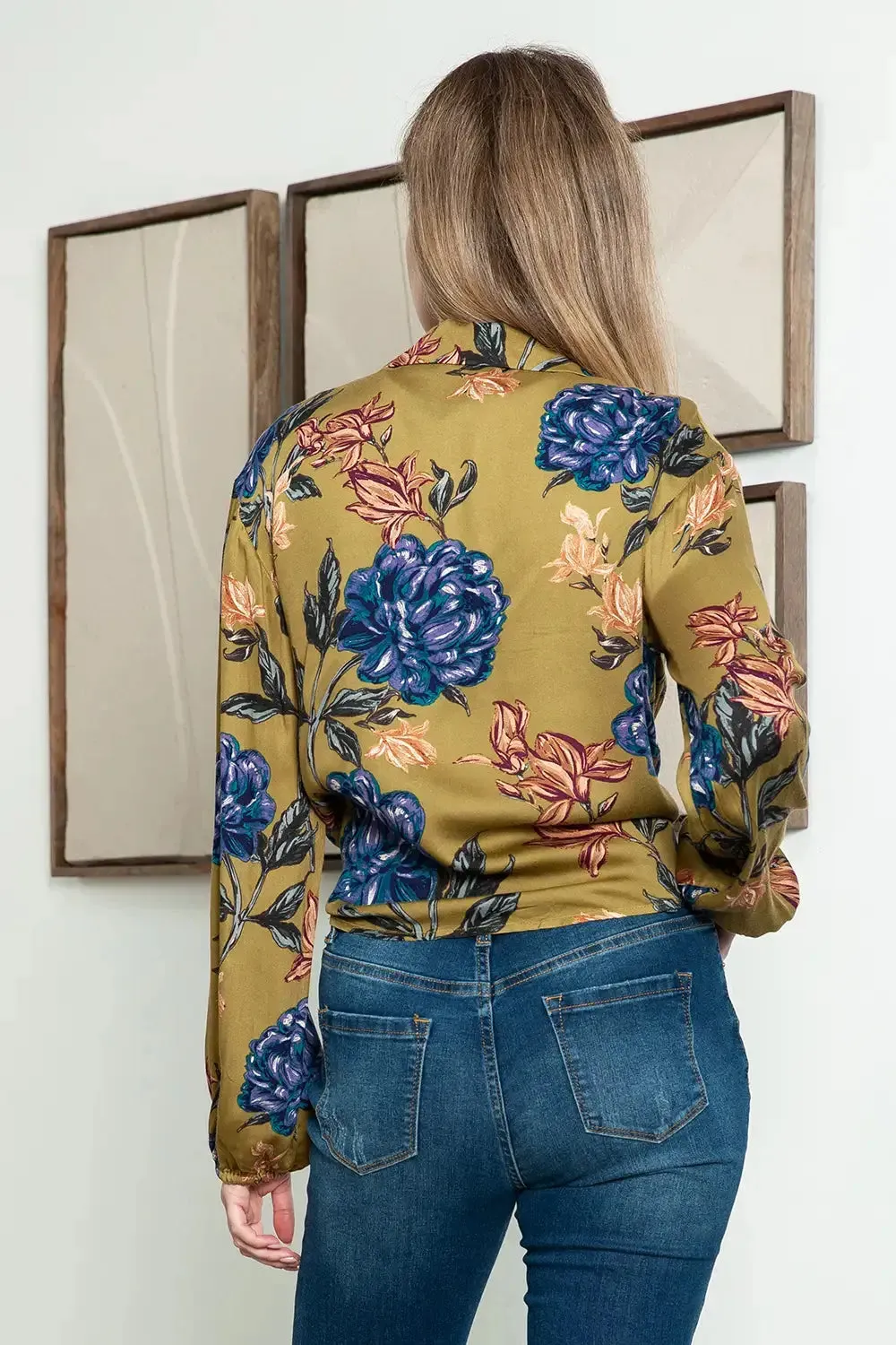Boho Floral Collared Open Front Tie Balloon 3/4 Sleeve Summer Top