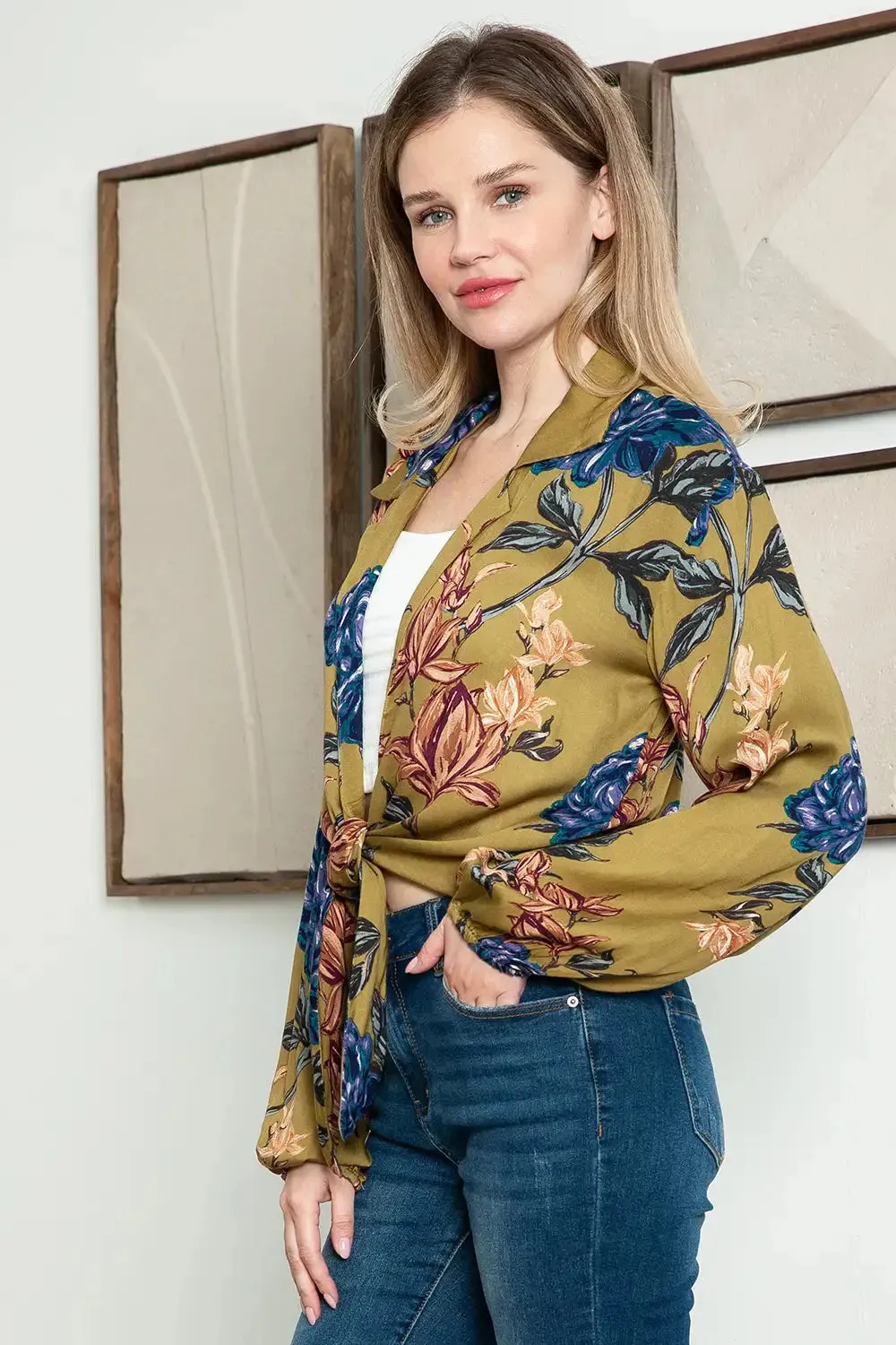 Boho Floral Collared Open Front Tie Balloon 3/4 Sleeve Summer Top