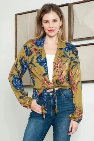 Boho Floral Collared Open Front Tie Balloon 3/4 Sleeve Summer Top