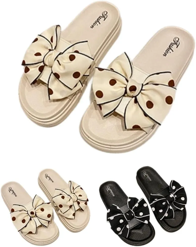 Bow Slippers for Women Cute Home Dots Sandals Preppy Anti-slip Indoor Outdoor Slides Open-toe Soft Shower Shoes (5-6women/4-5men,white,5,Women,6,Men,Medium,4,5)