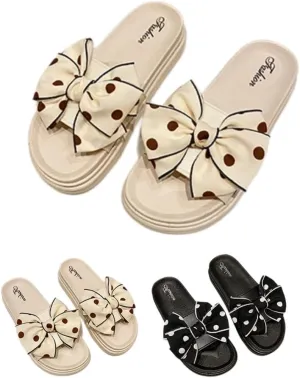 Bow Slippers for Women Cute Home Dots Sandals Preppy Anti-slip Indoor Outdoor Slides Open-toe Soft Shower Shoes (5-6women/4-5men,white,5,Women,6,Men,Medium,4,5)
