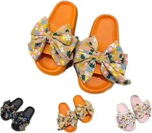 Bow Slippers for Women Cute Home Floral Sandals Preppy Anti-slip Indoor Outdoor Slides Open-toe Soft Shower Shoes (7-8women/6-7men,orange,7,Women,8,Men,Medium,6,7)