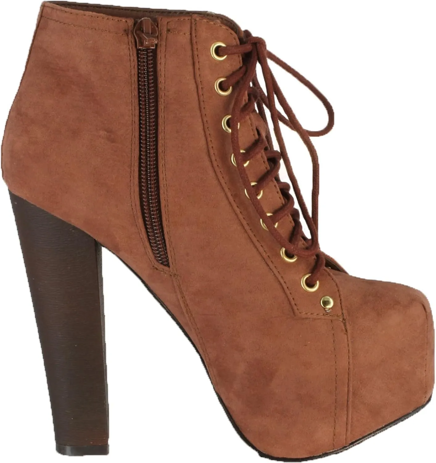 Breckelle's Britney-01 Lace Up Wooden Chunky High Heel Ankel Boot Bootie