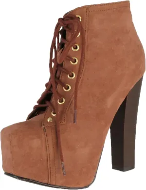 Breckelle's Britney-01 Lace Up Wooden Chunky High Heel Ankel Boot Bootie