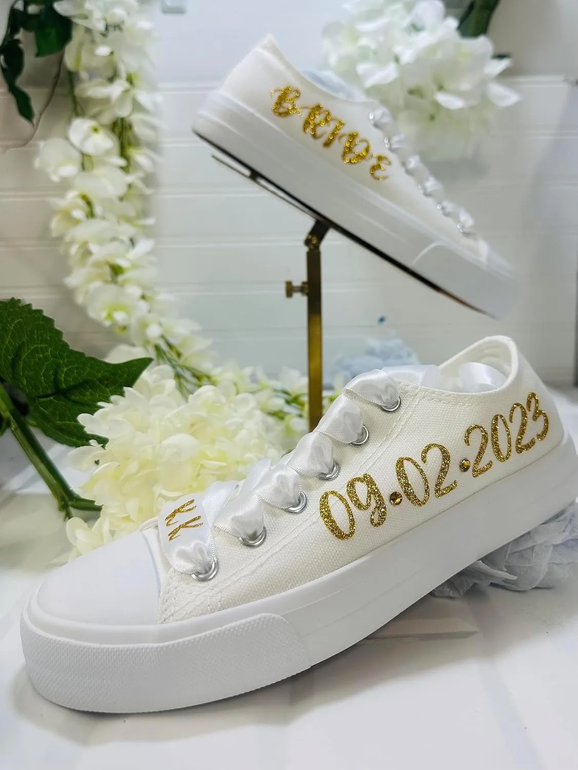 Bride -Wedding Custom Shoes- Gold Wedding Sneakers- Personalized (8)