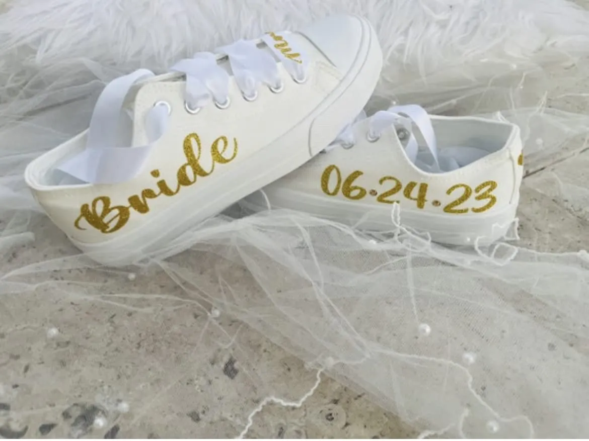 Bride -Wedding Custom Shoes- Gold Wedding Sneakers- Personalized (8)