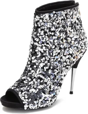 CAMSSOO Women's Colorful Sequin Stiletto Boots Peep Toe Rear Zipper Sexy Dress Wedding Glitter High Heels Sandals Ankle Boots