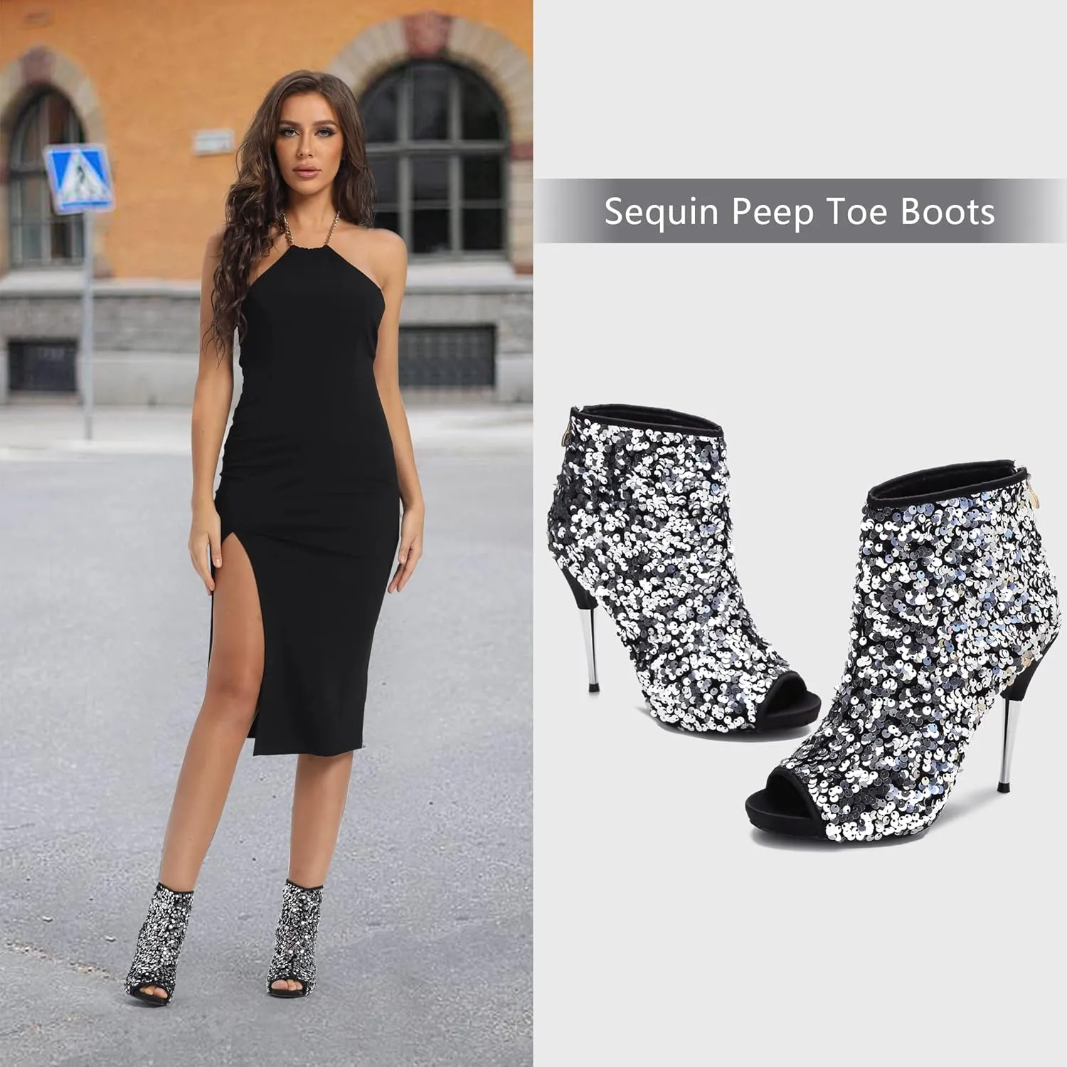 CAMSSOO Women's Colorful Sequin Stiletto Boots Peep Toe Rear Zipper Sexy Dress Wedding Glitter High Heels Sandals Ankle Boots