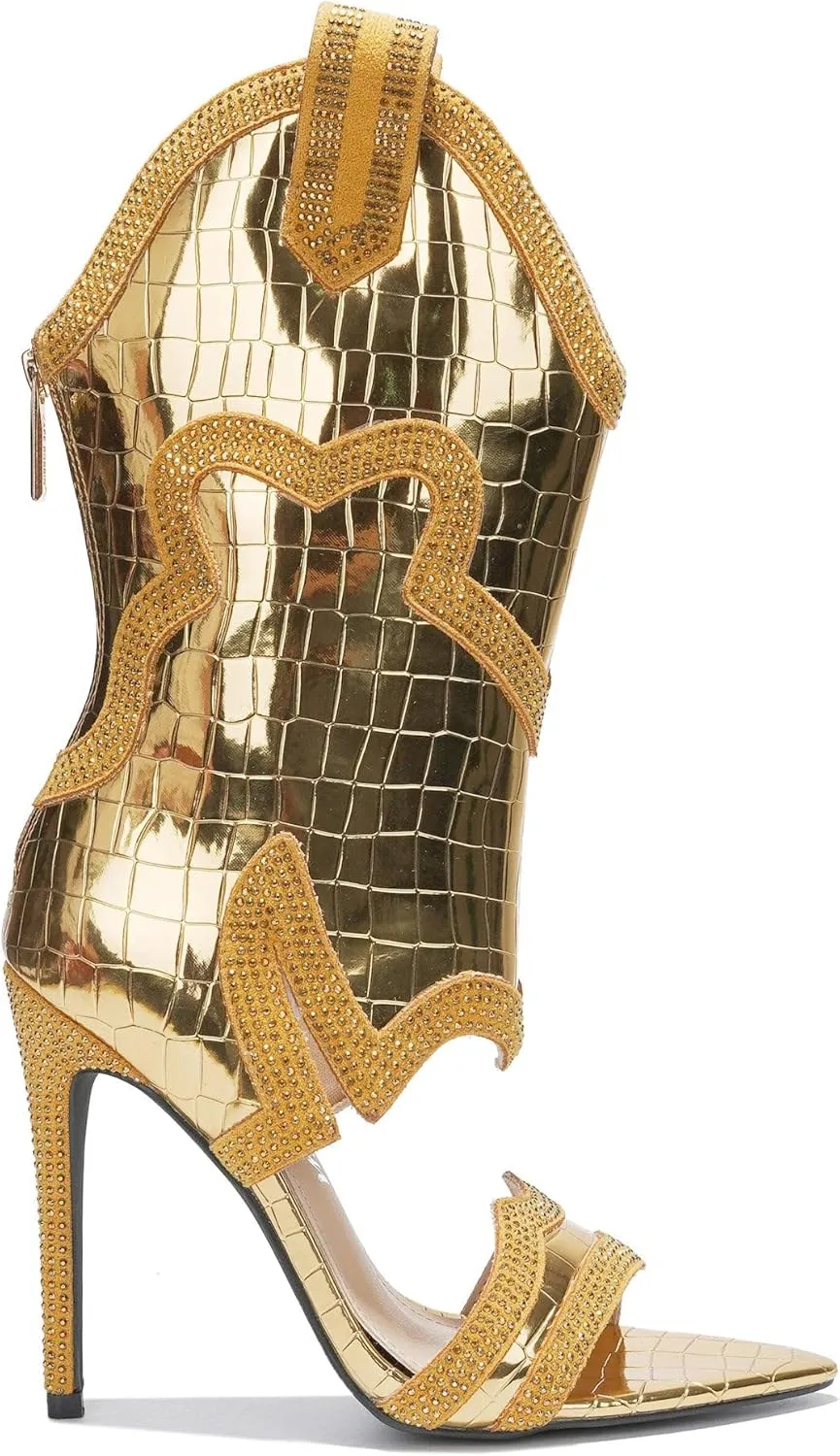 Cape Robbin Nayaye Stiletto Fashion Western Booties for Women, Women's Open Toe Mid-calf Boots with Faux Rhinestone