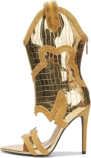 Cape Robbin Nayaye Stiletto Fashion Western Booties for Women, Women's Open Toe Mid-calf Boots with Faux Rhinestone