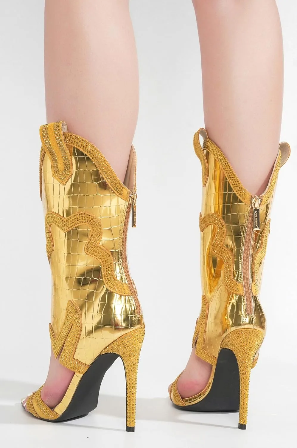 Cape Robbin Nayaye Stiletto Fashion Western Booties for Women, Women's Open Toe Mid-calf Boots with Faux Rhinestone