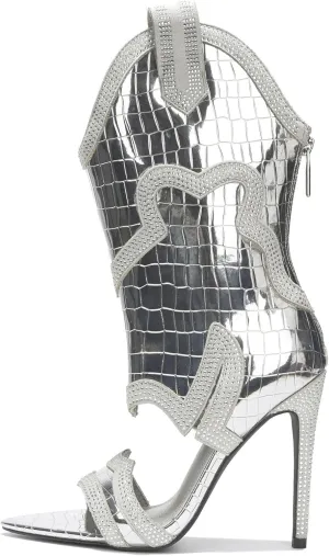 Cape Robbin Nayaye Stiletto Fashion Western Booties for Women, Women's Open Toe Mid-calf Boots with Faux Rhinestone