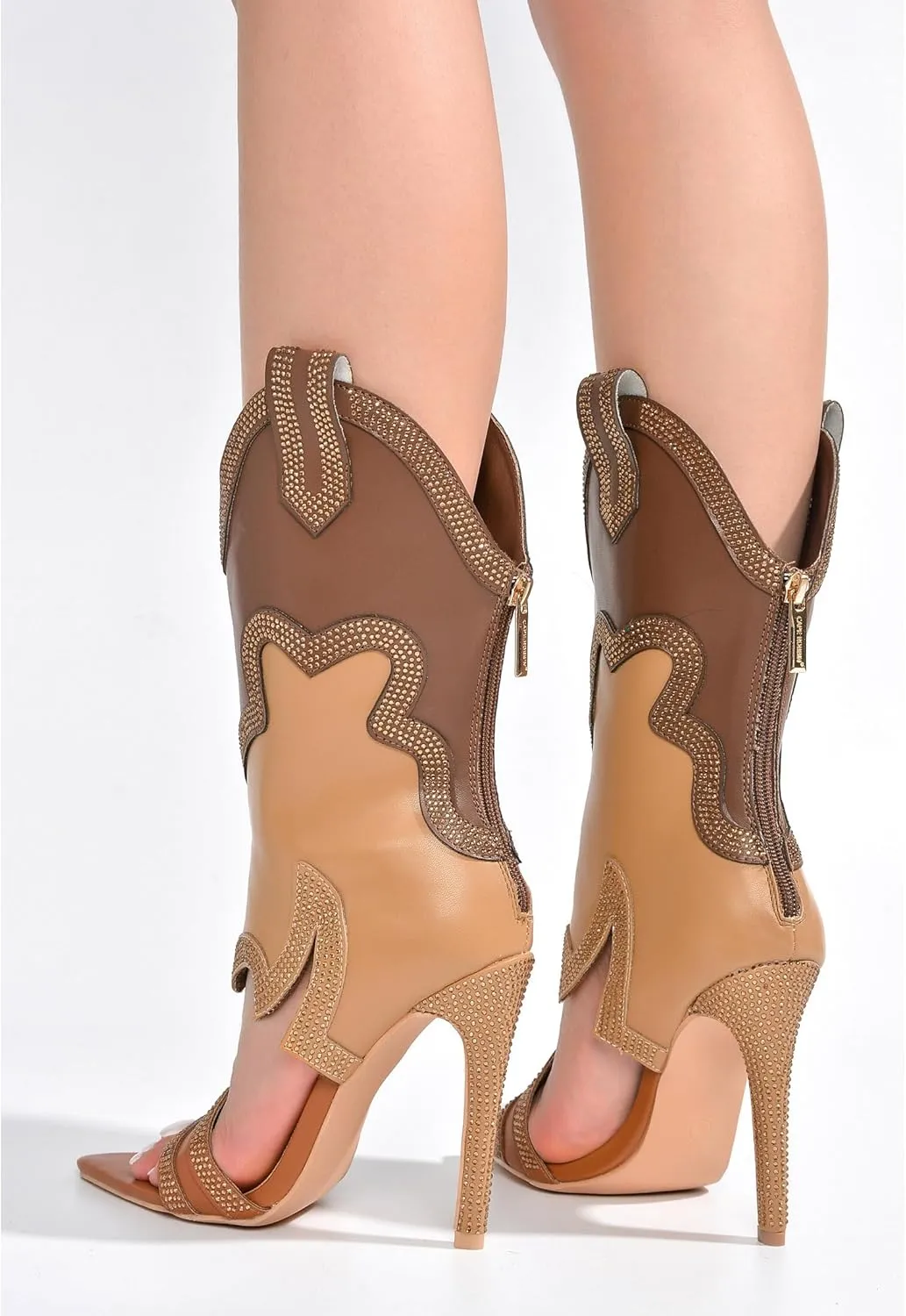 Cape Robbin Nayaye Stiletto Fashion Western Booties for Women, Women's Open Toe Mid-calf Boots with Faux Rhinestone