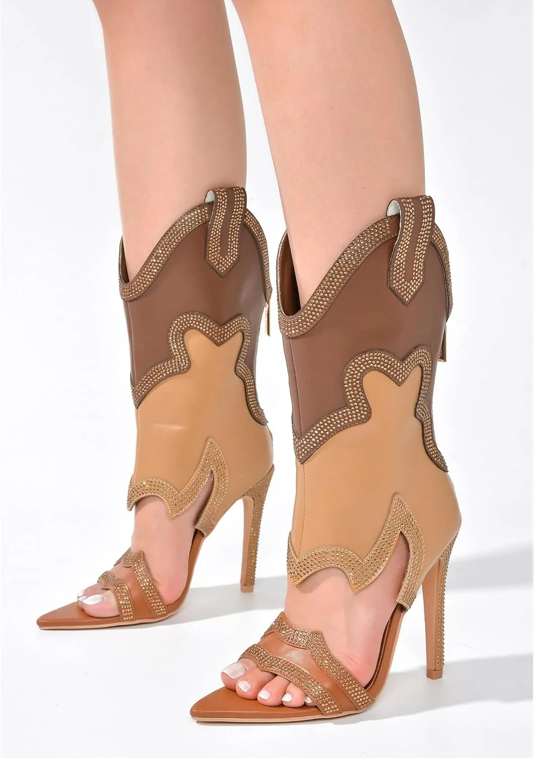 Cape Robbin Nayaye Stiletto Fashion Western Booties for Women, Women's Open Toe Mid-calf Boots with Faux Rhinestone