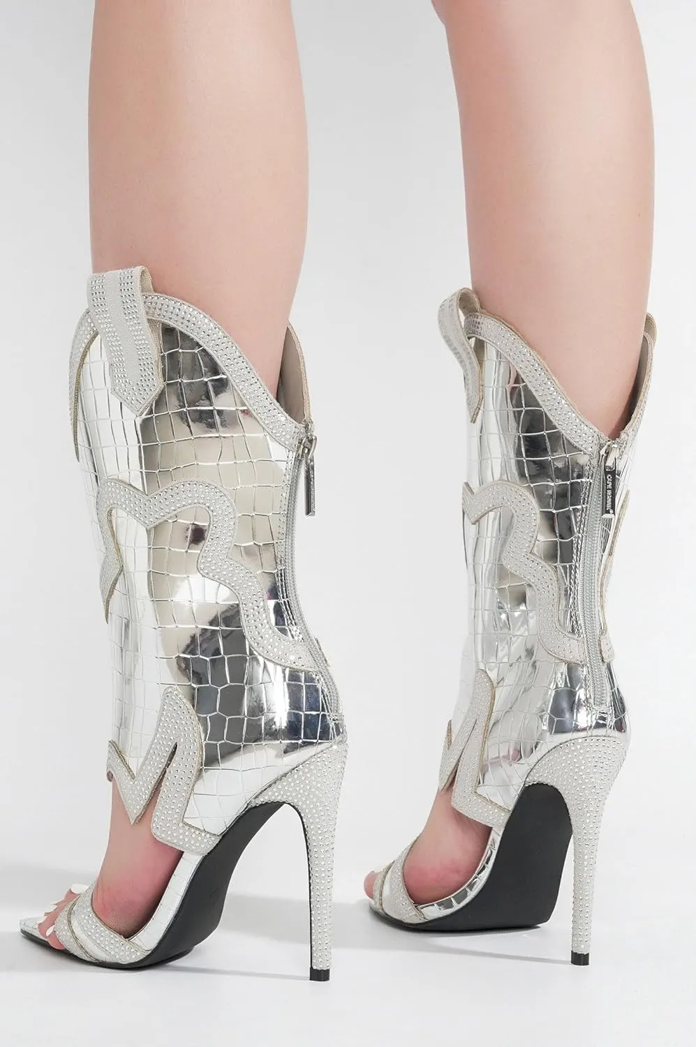 Cape Robbin Nayaye Stiletto Fashion Western Booties for Women, Women's Open Toe Mid-calf Boots with Faux Rhinestone