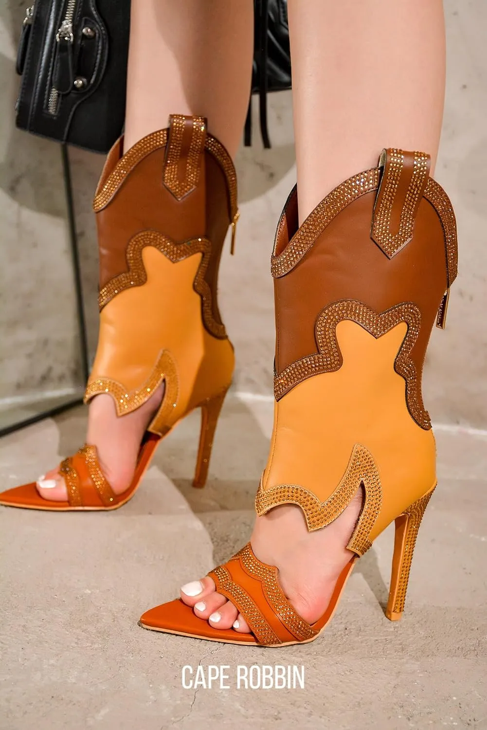 Cape Robbin Nayaye Stiletto Fashion Western Booties for Women, Women's Open Toe Mid-calf Boots with Faux Rhinestone