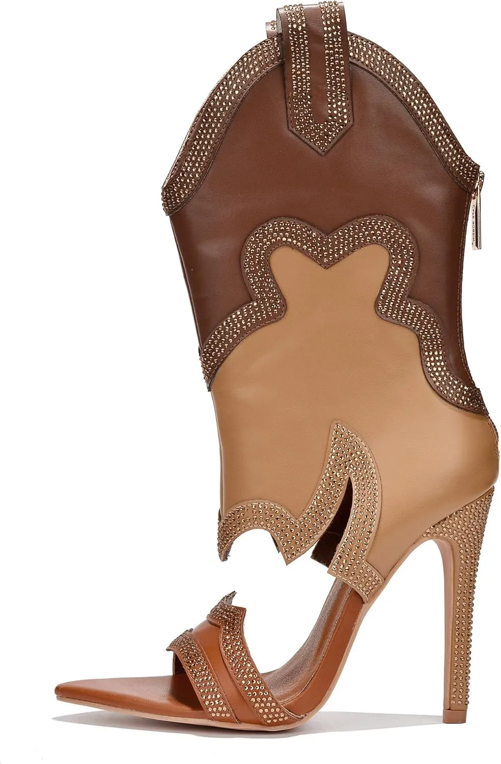 Cape Robbin Nayaye Stiletto Fashion Western Booties for Women, Women's Open Toe Mid-calf Boots with Faux Rhinestone