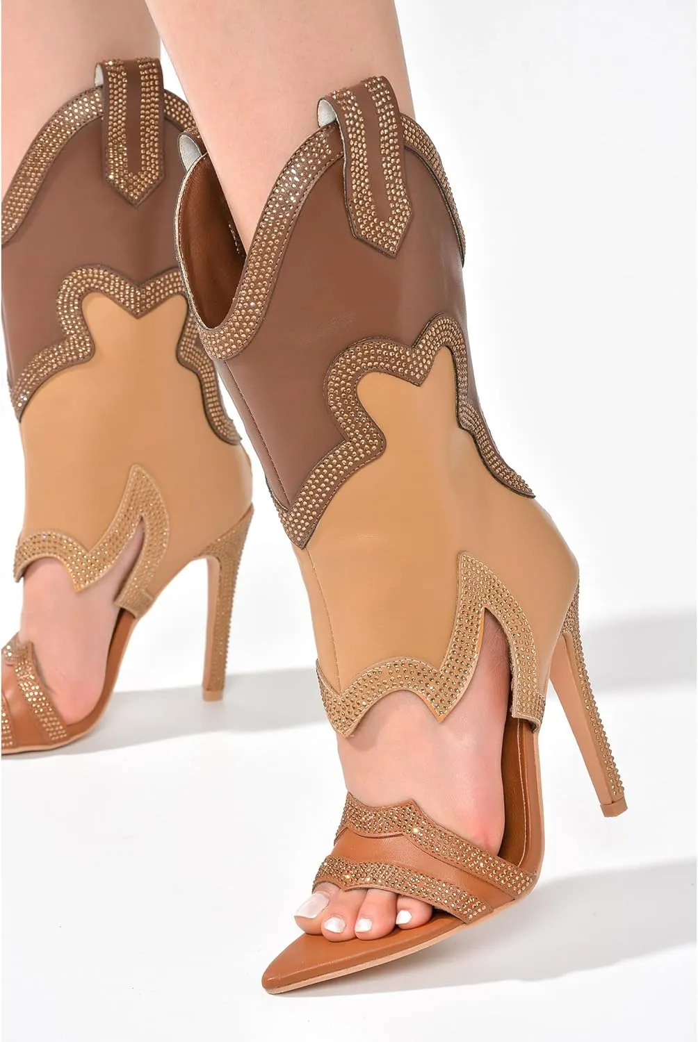 Cape Robbin Nayaye Stiletto Fashion Western Booties for Women, Women's Open Toe Mid-calf Boots with Faux Rhinestone